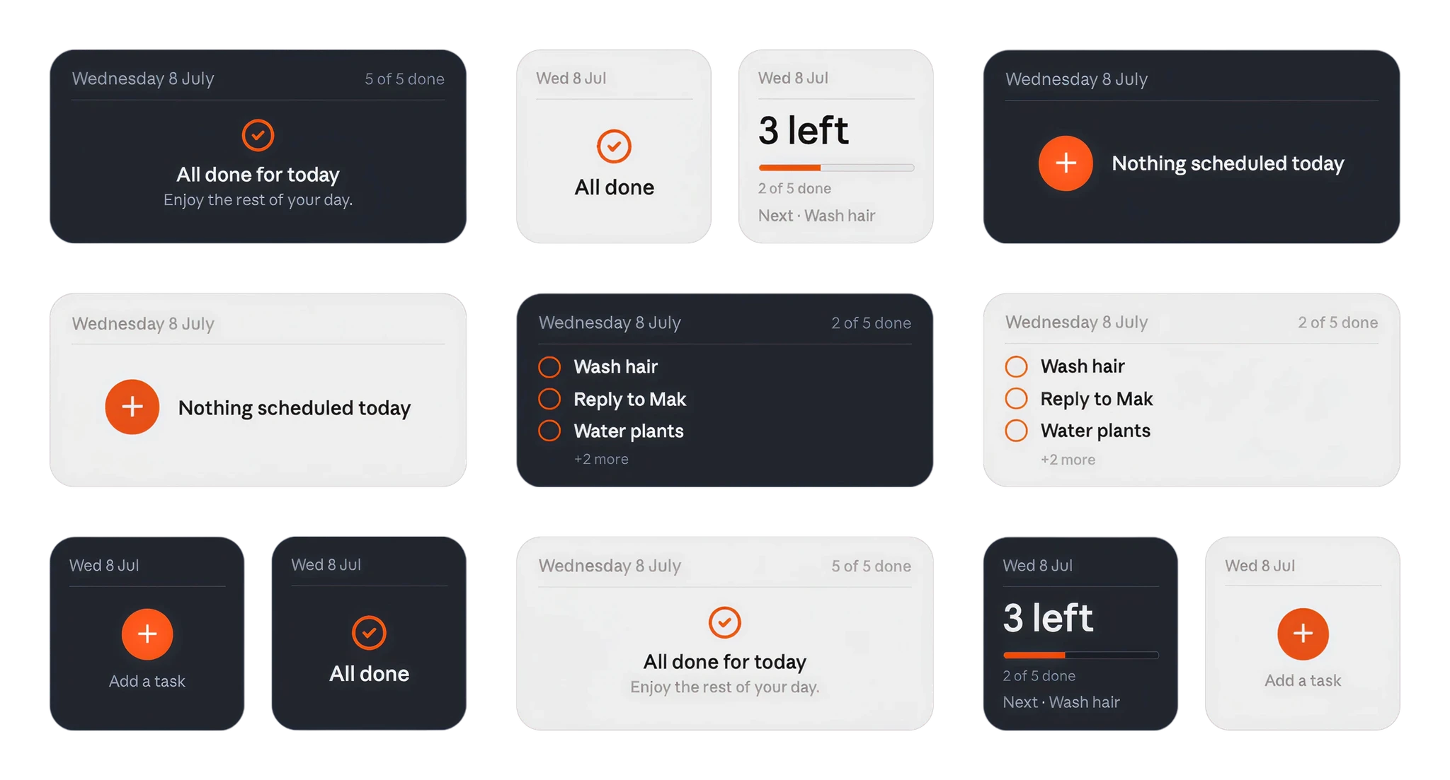 Twelve TUGAS home-screen widgets in every size, light and dark: “All done for today”, a “3 left” progress card, “Nothing scheduled today”, and task lists showing Wash hair, Reply to Mak, Water plants.