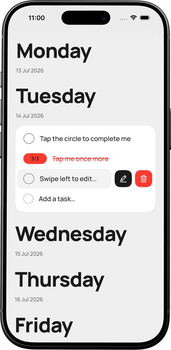 The TUGAS app open on an iPhone, showing the week from Monday to Friday: a task to tap complete, one struck through, one row revealing swipe-to-edit and delete pills, and an ‘Add a task’ row.